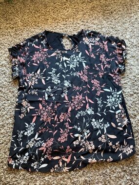Papermoon Black Floral Short Sleeve Top with Pink & White Flowers